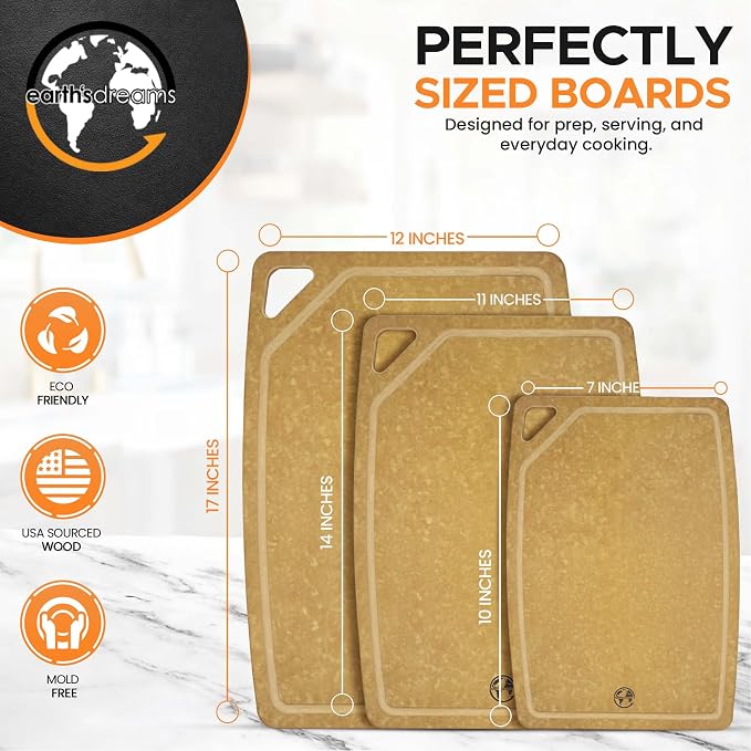 Earth's Dreams Composite Wood Cutting Board Set of 3, Built In Juice Groove | Dishwasher Safe,Non-Toxic, Cutting Boards for Kitchen - Large, Medium & Small Non-Slip Wood Charcuterie & Chopping Boards