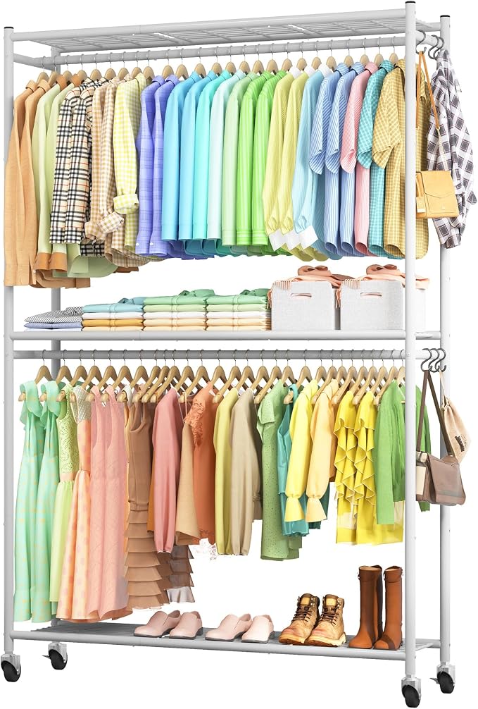 Sakugi Clothes Rack - 45.2" x 12.2" x 79.5" Clothing Rack with Shelves & Wheels, Multi-Functional Wardrobe Closet with Hooks, Sturdy Metal Garment Rack for Bedroom, Laundry, Balcony (White)