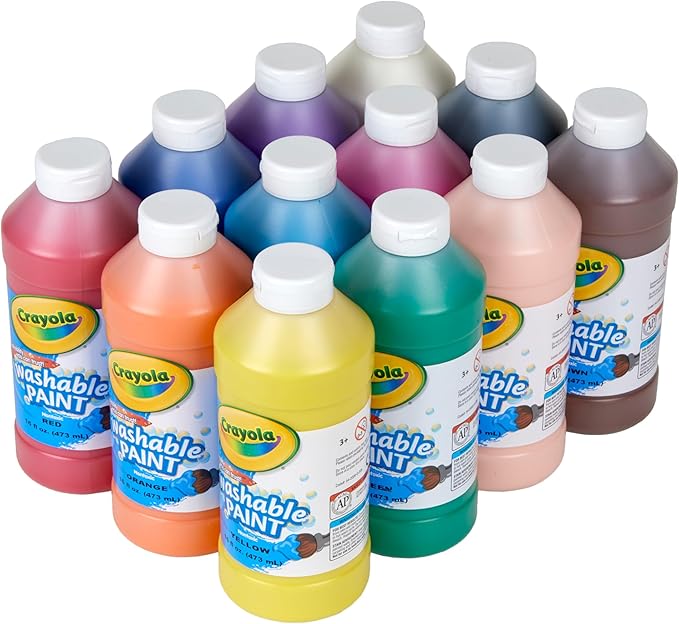 Crayola Washable Paint (12ct), Teacher Classroom Must Haves, Wishlist Essentials, Bulk Paint Set for Kids Art Projects, 16 Oz, Nontoxic Craft Supplies, Ages 3+
