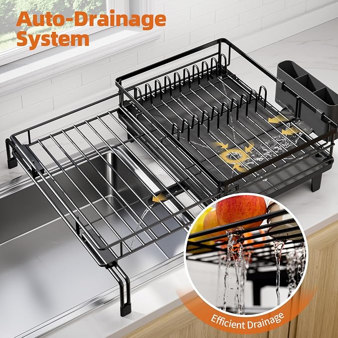 Urackify Expandable Sink Dish Drying Rack for Kitchen Counter, 1-Tier Black | Large Dish Racks, Sink Dish Drainer, Rustproof Dish Strainer with Utensil Holder, 12.3"-20.5" L x 15"W