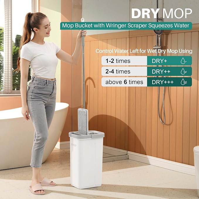 JOYMOOP Flat Mop and Bucket System, Microfiber Mop for Floor Cleaning, White, Suitable for Hardwood, Tile, Laminate and Vinyl Floors, 50" Mop with 1 Microfiber Pad