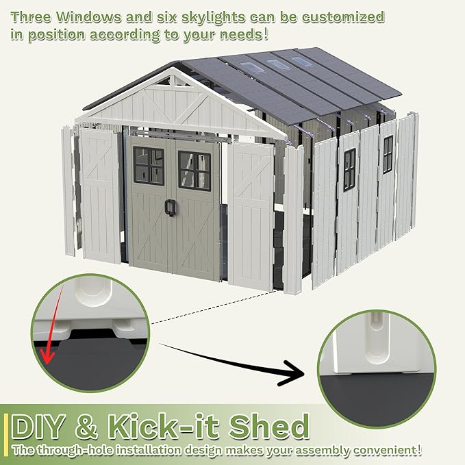 Greesum 10X12FT Plastic Outdoor Storage Shed with Floor and Lockable Door, Resin Sheds with 5-Windows and Multiple Skylights, HDPE Kick-it Shed for Garden, Patio, Backyard, Beige