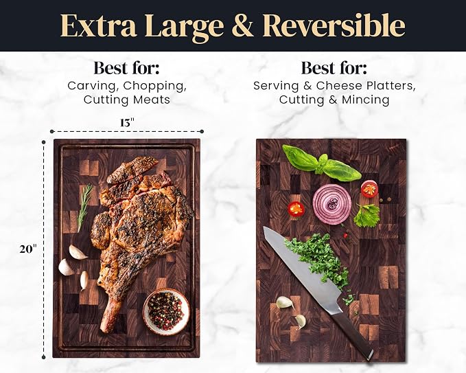 Walnut End Grain Cutting Board for Kitchen, Reversible Extra Large Wooden Butcher Block With Juice Grooves, Made in Canada (Walnut, 20x13x2)