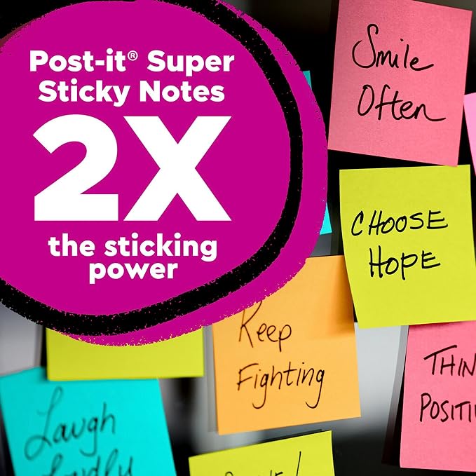 Post-it Super Sticky Notes, 4x6 in, 5 Pads/Pack, 90 Sheets/Pad & Super Sticky Notes, 3x3 in, 24 Pads/Pack, 70 Sheets/Pad, Amazon Exclusive Bright Color Collection