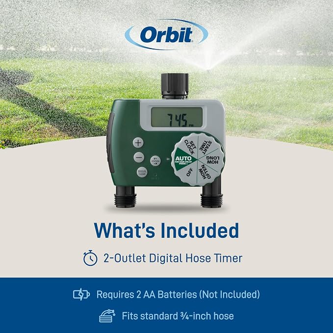 Orbit Programmable Digital Hose Watering Timer - 2 Outlet - Battery Powered - with LCD Screen - Built-in Rain Delay - Water-Resistant - 58910