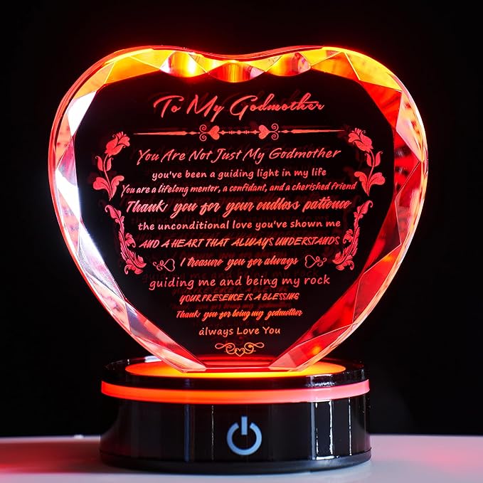 Gifts for Godmother with Colorful LED Base Heart Crystal Plaque Godmother Gift Idea from Goddaughter Godson for Mothers Day, Christmas, Birthday, Thanksgiving,Retirement