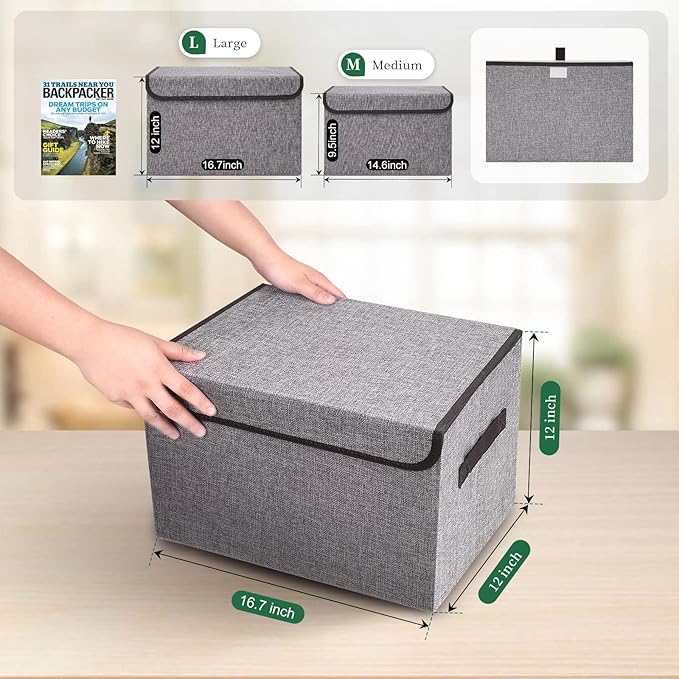 Bagnizer Large 42 Quarts Fabric Storage Bins with Lids [2-Pack] Linen Collapsible Foldable Storage Cubes, Closet Organizer Containers boxes with Handles for Home Office (16.7 x 12 x 12, Gray)