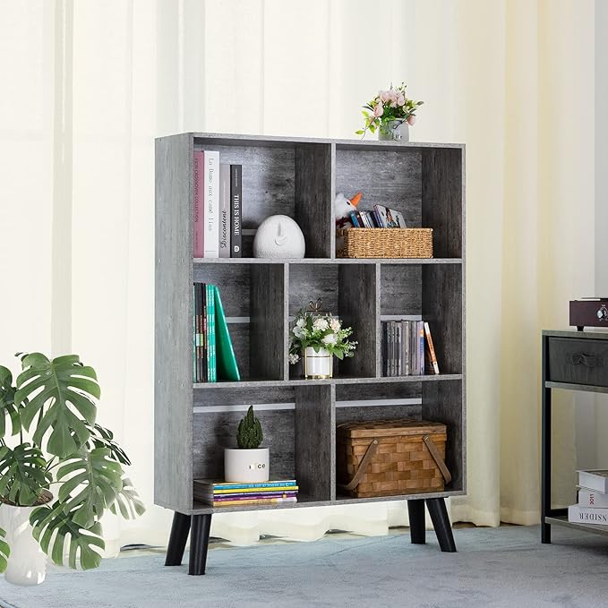 LEYAOYAO Cube Bookshelf, Mid-Century Modern Book Shelf with Legs,Dirty Grey | 3 Tier Bookcase, Rustic Wood Bookshelves Freestanding Small Storage Organizer, Open Shelves for Bedroom, Living Room, Office