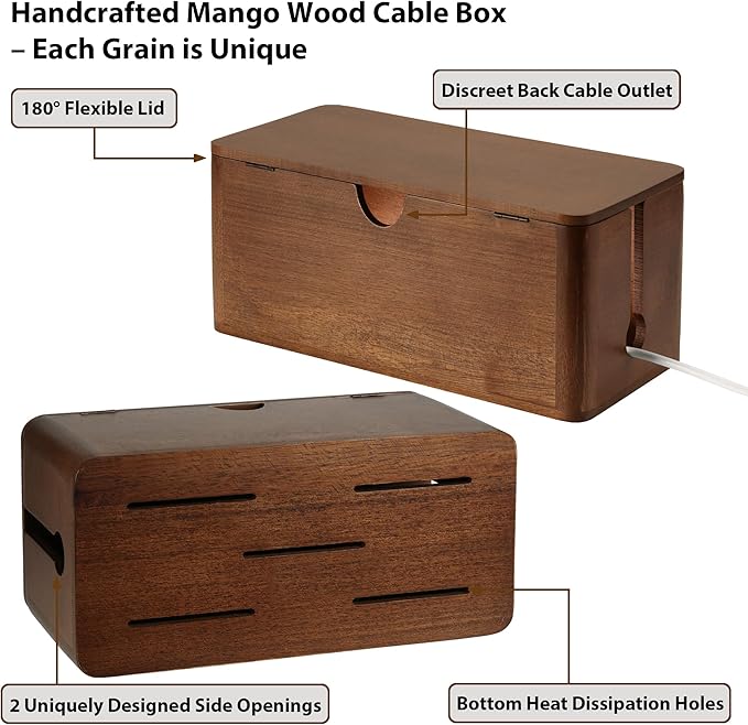 ZhiYo Wood Cable Management Box, Large Cord Organizer Box for Power Strip, Extension Cord Hider for Office, Desk Cable Storage Box for Wire Management, Floor Outlet Hider, 14.2" L × 6.7" W × 6.3" H
