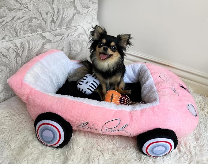 Megatoys Elvis Plush Car Pet Bed – Pink Pet Bed with Musical-Design Pillows and Elegant Car Styling