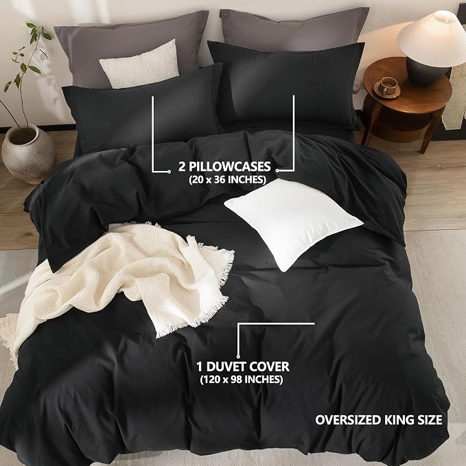 Black Duvet Cover Oversized King Size 100% Washed Cotton Bedding Set Cover 1 Duvet Cover with Zipper Closure and 2 Pillowcases, 120inch x 98inch