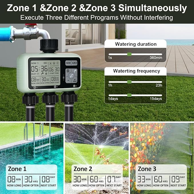 Watering Timer 3 Zone, Sprinkler Timer, Programmable Garden Outdoor Hose Faucet Timer with Rain Delay, Auto & Manual Watering System,Water Hose Irrigation Timers 3 Outlet for Garden Lawn