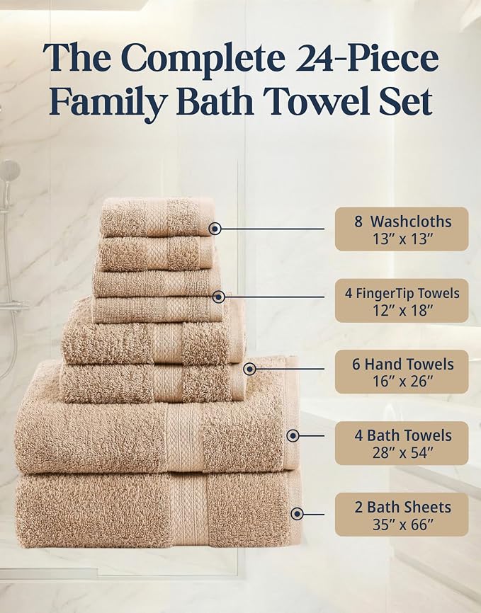 LANE LINEN Towel Set Quick Dry 100% Cotton 24 Piece Soft Absorbent - Beige | Towels And Washcloths - Ring-Spun Durability, Terry Weave Comfort, Soft & Long-Lasting, Easy-Care