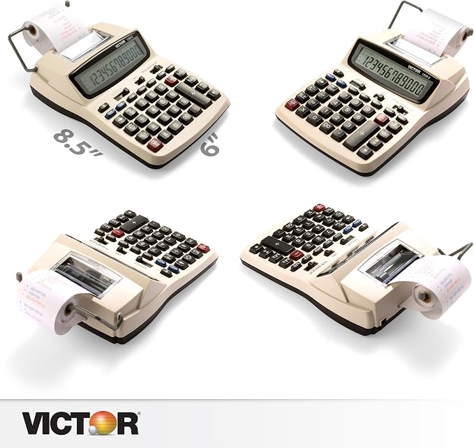 Victor Printing Calculator, 1208-2 Compact and Reliable Adding Machine with 12 Digit LCD Display, Battery or AC Powered, Includes Adapter,White
