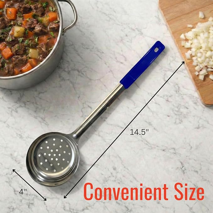 8 oz Slotted Stainless Steel Portion Control Ladle Spoon | Commercial-Grade Spoodle for Portioning & Draining - Pasta, Veggies & Buffet Service. Color-Coded by Size. Dishwasher Safe.