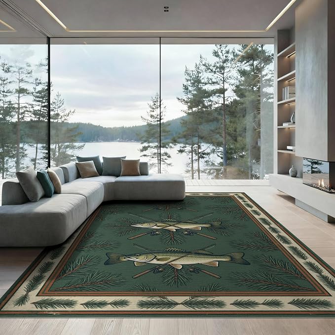 8'x10' Washable Area Rug Bass Vintage Lake Cabin Angler Lure Tackle Motif Fish Fishing Refined Structured for Dining Room, Large Office, Lounge, Non-Slip Chair-Friendly