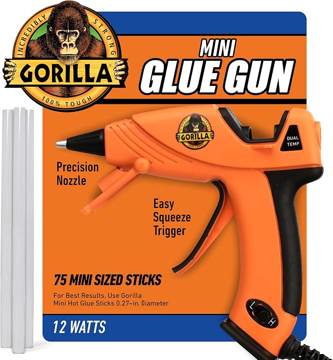 Gorilla Mini Hot Glue Gun Kit (Pack of 1 Mini Hot Glue Gun and 75 Sticks) - Dual Temp, Precision Nozzle, and Easy Squeeze Trigger