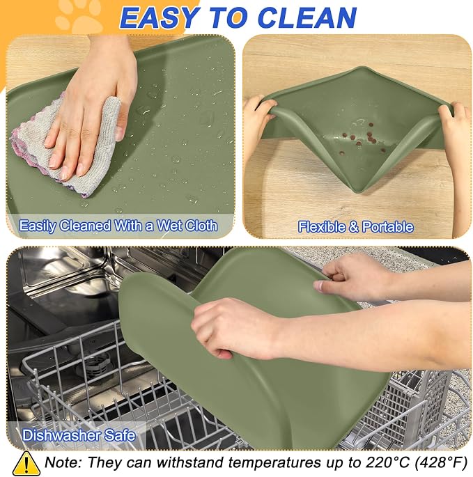 SMILOOL Waterproof Silicone Pet Food Mat with Raised Edge for Dog & Cat | 24" x 16" Non-Slip Pet Feeding Mats with Lip for Food & Water Bowl, Food Grade, Easy Cleaning, Light Olive Green