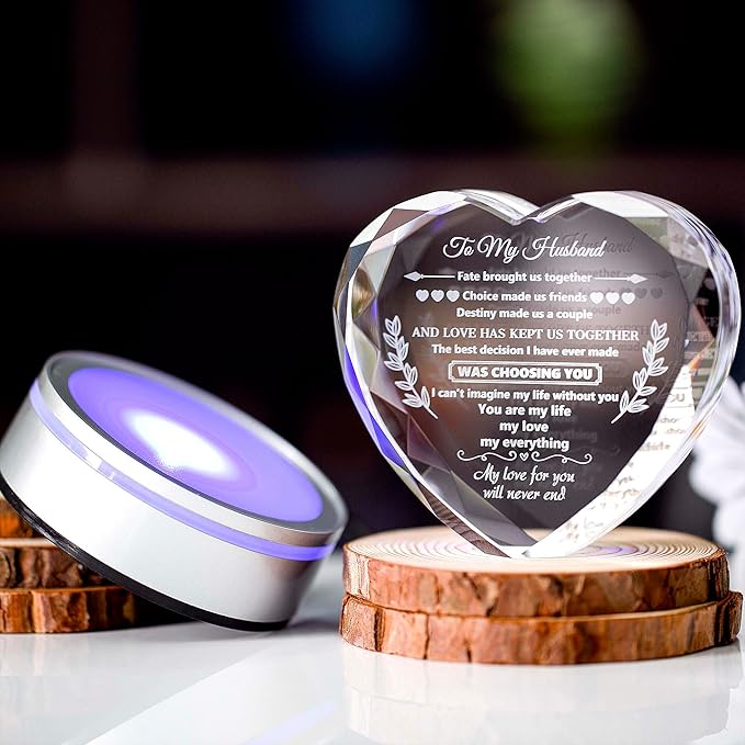 Gifts for Husband Crystal with Colorful LED Base, Cool Anniversary Birthday Gifts for Men, Husband Birthday Gifts from Wife, Crystal Keepsakes Romantic Gifts for Wedding Valentine's Day