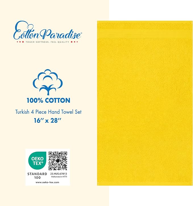 Cotton Paradise 100% Cotton Turkish Towel Set, Soft Absorbent Quick Dry, 4 Piece Hand Towel Set, Yellow