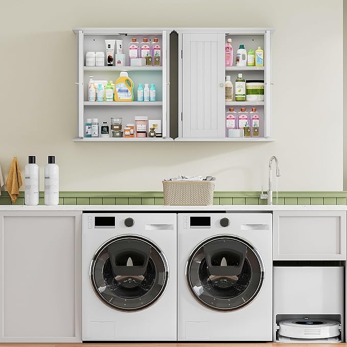 ChooChoo Bathroom Wall Cabinet Set of 2, Over The Toilet Space Saver Storage Cabinet, Medicine Cabinet with 2 Door and Adjustable Shelves, Cupboard, White