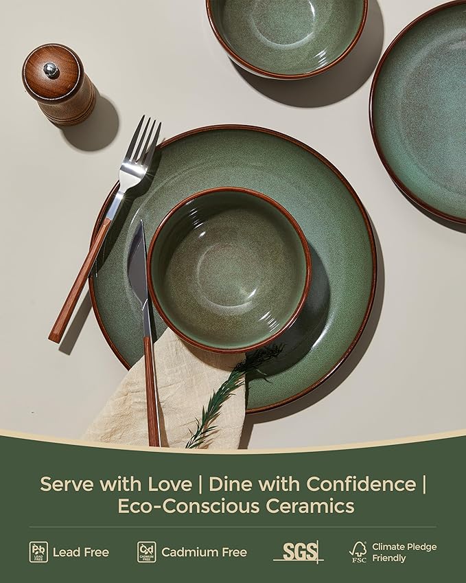 Pokini 24 Piece Double Bowl Dinnerware Sets with Pasta Bowls, Highly Chip and Crack Resistant Plates and Bowls Sets, Natural Earthyware Ceramic Dishware Sets, Service for 6 Brown Green