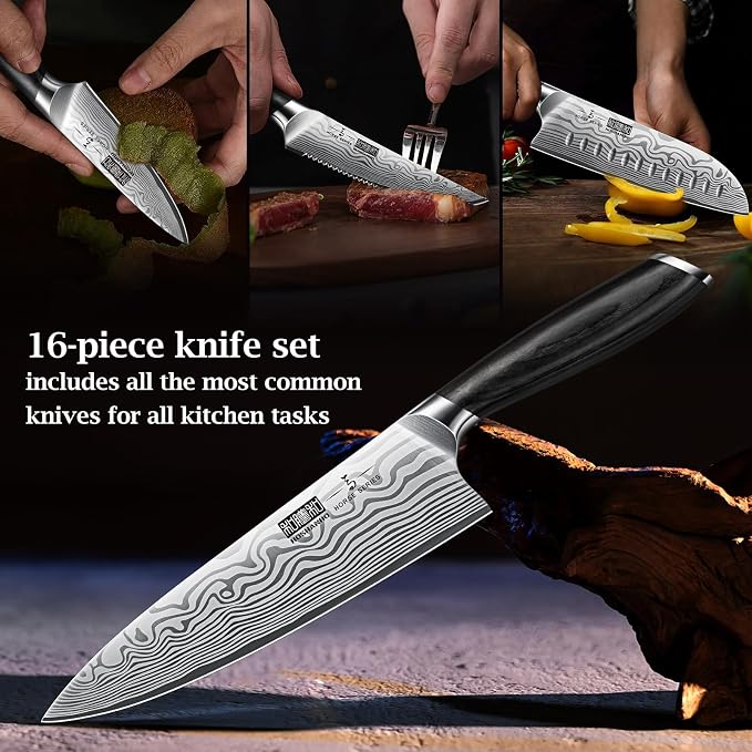 HOSHANHO 16-Piece Knife Set with Block, Ultra Sharp Kitchen Knife Block Set | High Carbon Powder Steel Chef Knife Set, Professional Kitchen Knives Set with Sharpener and Pakkawood Handle, Elegant Box