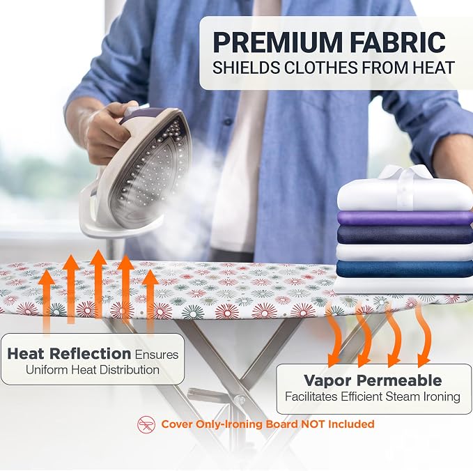 UniSimp Ironing Board Cover and Pad 15"x54" Extra Thick Natural Cotton, Scorch and Stain Resistant Padding, Standard Size Iron Board Cover with Fasteners Heavy Duty Elastic Edge, Heatproof Sunflora