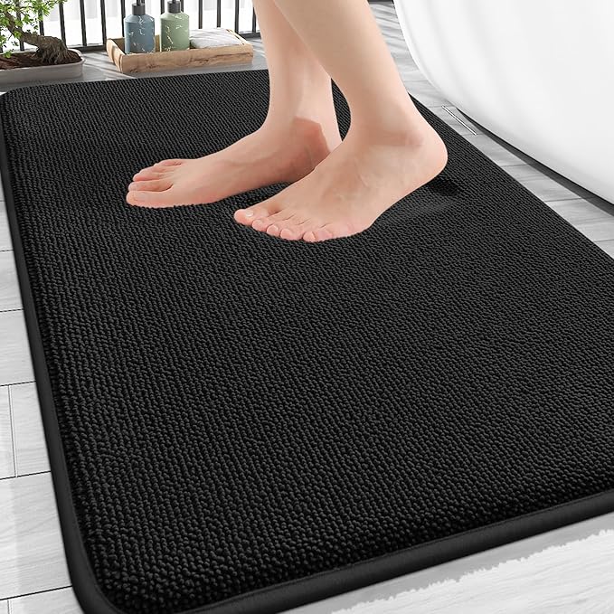 OLANLY Thick Memory Foam Bathroom Rugs 30x18, Absorbent Bath Mat, Black | Soft Quick Dry Bath Rugs Mats, Non-Slip, Machine Washable Carpet for Bathroom Floor, Tub and Shower, Home Decor Accessories