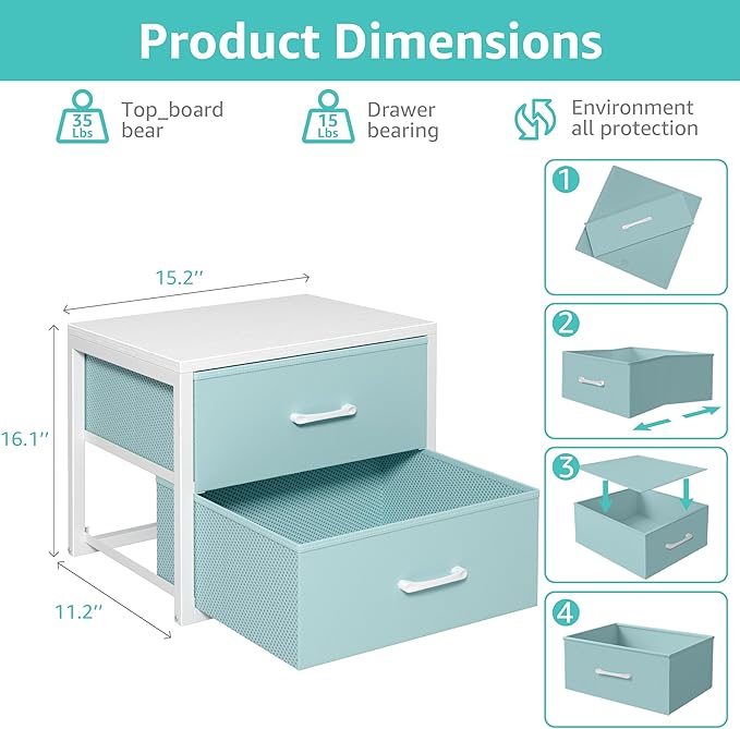 BOLUO Stackable Storage Drawers Closet Organizers and Storage Fabric Blue 2 Drawer Dresser for Bedroom 2 Packs Modern