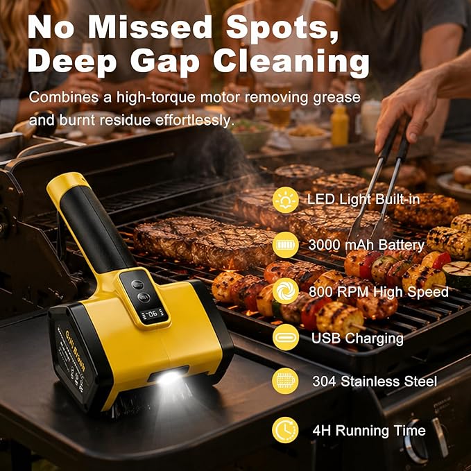 Electric BBQ Grill Brush,3000mAh Electric Grill Cleaner for Outdoor Grill, 2-Speed Power, Type-C Charging, 2 Brush Heads & LED Light, Motorized Grill Cleaning Brush for Camping & Family BBQ(Yellow)