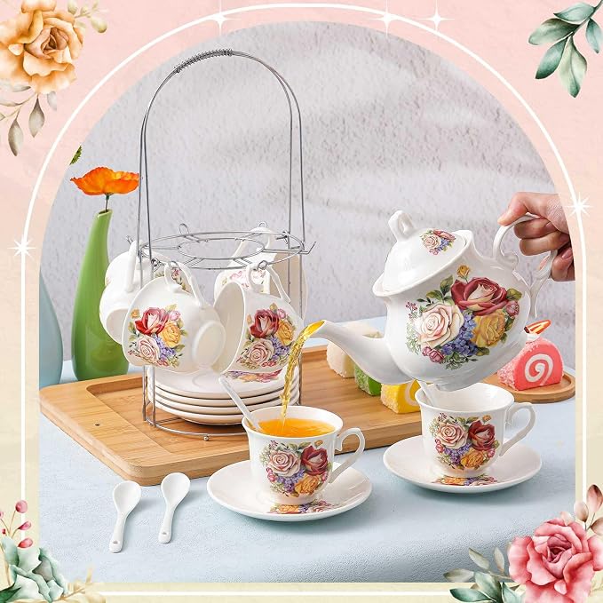 Zhehao 20 Pcs Porcelain Tea Set with Metal Holder and Spoon Adult Ceramic Tea Set European Flower Painting Teapot Cup Saucer Spoon for Women Mom Gift, Large Version (Floral Style)