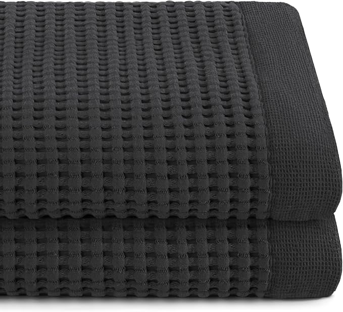 GILDEN TREE Waffle Towels for Bathroom Luxury 100% Cotton Bath Towels, Quick Dry Towel, Thin Super Absorbent Lint Free Shower Towels, Bath Towels Set of 2, Modern Style (Faded Black)