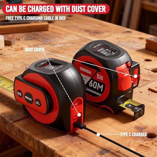 SENDA 3-in-1 Laser Tape Measure - 197Ft Rechargeable Laser Measuring Tape with Led Display & 16Ft Measuring Tool with Magnetic Hook & Auto Lock -20 Data Sets,Pythagorean/Area/Volume,Ft/Ft+in/in/M Unit