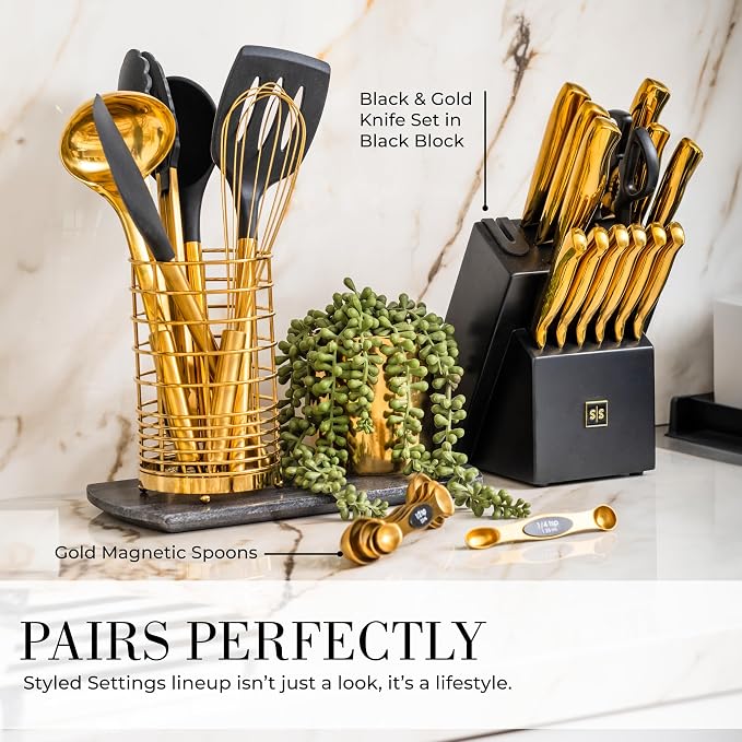 Black and Gold Kitchen Utensils Set - 7-Piece Silicone Cooking Tools with Gold Utensil Holder for Nonstick Cookware and Modern Kitchens - Stylish Luxury Kitchen Accessories