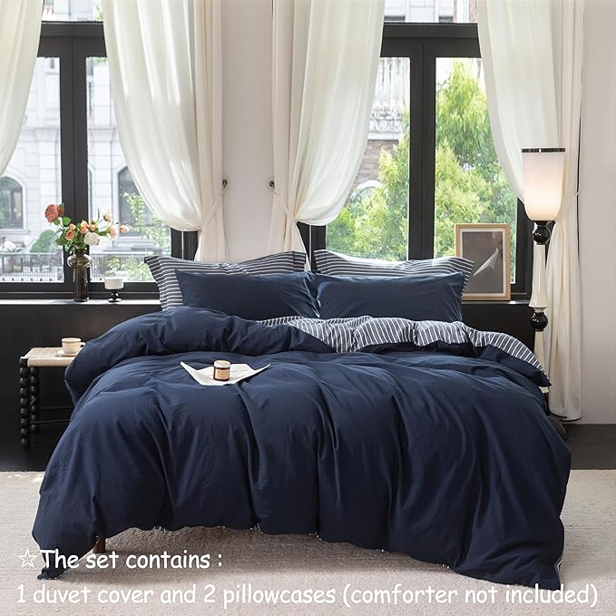 Reversible Duvet Cover Set 100% Washed Cotton Blue Stripe Linen Feel Duvet Cover Super King Size with Zipper Closure & 2 Pillow Shams,Navy/White Stripe Reverse Solid Navy