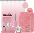 XLHOMO Bathroom Accessory Set–Bathroom Sets with Shower Curtain and Rugs, Non Slip Bathroom Rugs Super Absorbent, Pink Ombre Waterproof Shower Curtain with Hooks, Pink Bathroom Sets Complete for Home