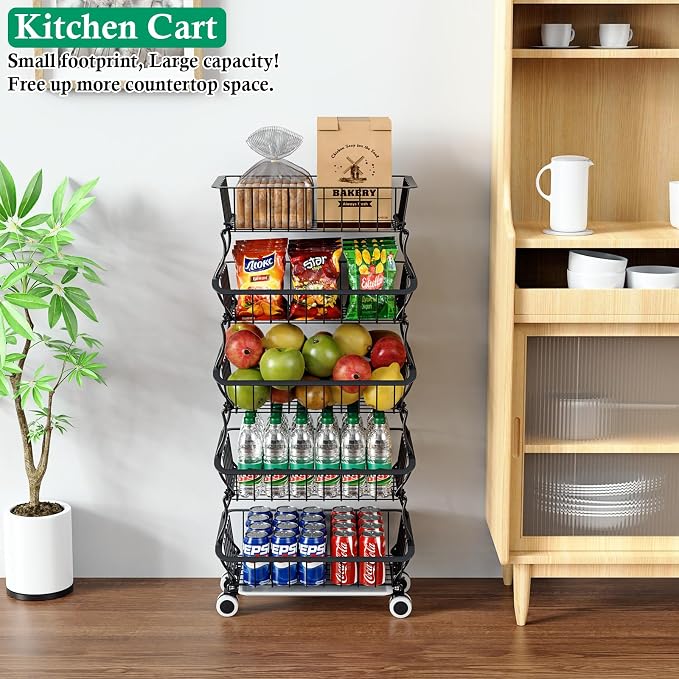 OKZEST 5 Tier Fruit Basket for Kitchen, Stackable Bins Wire Rack with Wheels, Fruit and Vegetable Storage Basket Pantry Food Snack Organizer Shelf, Kitchen Storage Cart for Onion and Potato, Produce