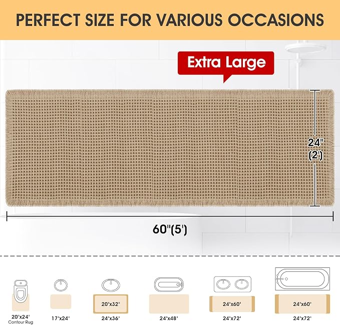 IM HOME Waffle Bath Mat Beige 5'x2', Boho Woven Modern Bath Mat Rugs, Absorbent Non Slip Bathroom Rugs, Soft Washable Bath Rugs with Tassels for Bathroom, Bedroom, Kitchen, Shower, Tub