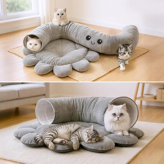 Cat Tunnel Bed for Indoor Cats, Peekaboo Cat Cave Bed with 20 Pcs Cat Toys, Soft Cat Donut Tunnel for Kitten Large Cats, Grey Octopus