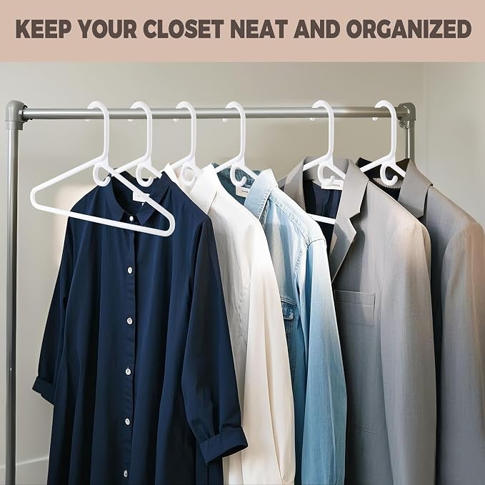Quality White Plastic Hangers 90 Pack - Super Heavy Duty Multipack for Clothes - Thick Strong Standard Closet Clothing Hangers with Hook for Scarves and Belts-17 for Coats (White, 90)