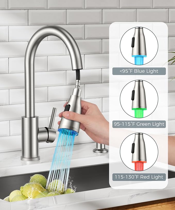FORIOUS LED Kitchen Faucet with Soap Dispenser, Pull Down Sprayer, Brushed | Stainless Steel Single Handle, Transitional Bar Sink Faucet with LED Light Sprayer, Suitable for Outdoor Rv Laundry Camper