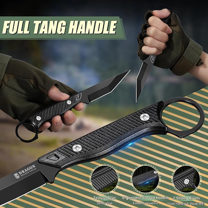 Dragon Creek Outdoor Neck Knife - Black Small Full Tang Fixed Blade | Knife with Sheath and Chain Black Thanksgiving Gift Men