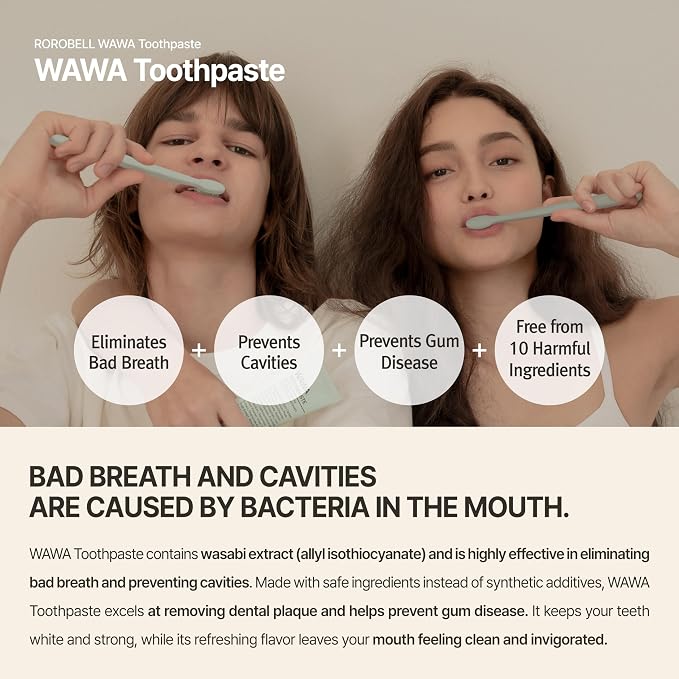 ROROBELL Wawa Toothpaste Made for My Boyfriend's Bad Breath, Sensitive Teeth, Improvement of Gum Problems/Peppermint Flavor/Made with Wasabi I 3.53 fl.oz (Pack of 5)