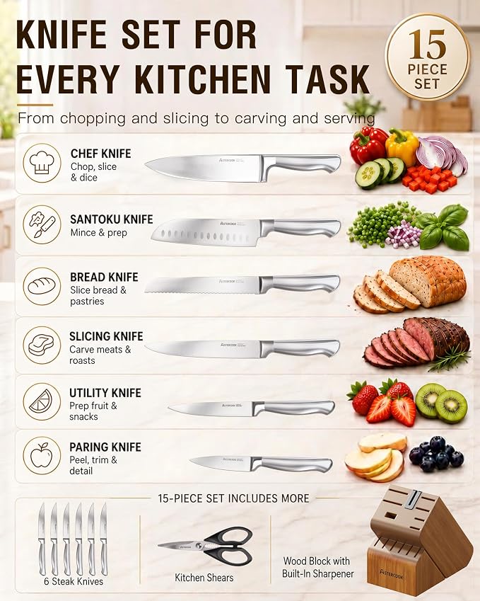 Astercook Knife Set, 15 Piece German Steel Kitchen Knife Set with Built-in Sharpener, One-Piece Knife Block Set Rust-Resistant Dishwasher Safe Block Knives Set for Cooking & Gift (Walnut Brown) | Wooden Block with Built-in Sharpener, One-Piece Design, ...