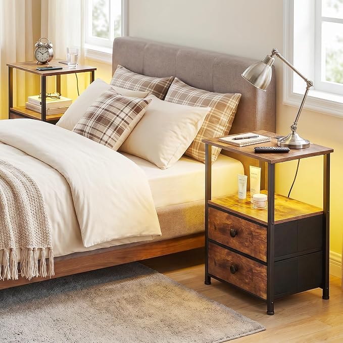 Nightstands Set of 2, LED Night Stand with Charging Station | Bedside Table with Type-C Outlets & 2 Fabric Drawers, End Tables with Storage Shelf for Bedroom, Small Spaces, Rustic Brown