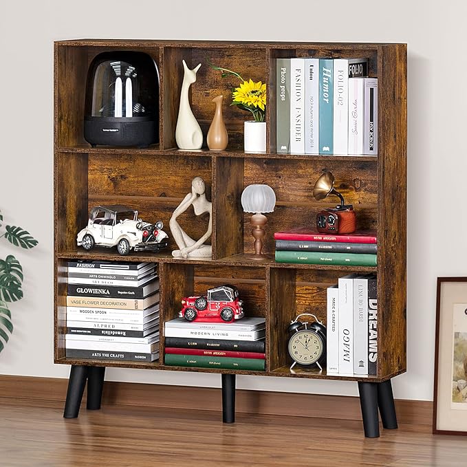 LEYAOYAO 8 Cube Bookshelf, Mid-Century Modern Book Shelf with Legs, Brown | 3 Tier Bookcase, Rustic Wood Bookshelves Freestanding Large Storage Organizer, Open Shelves for Bedroom, Living Room, Office