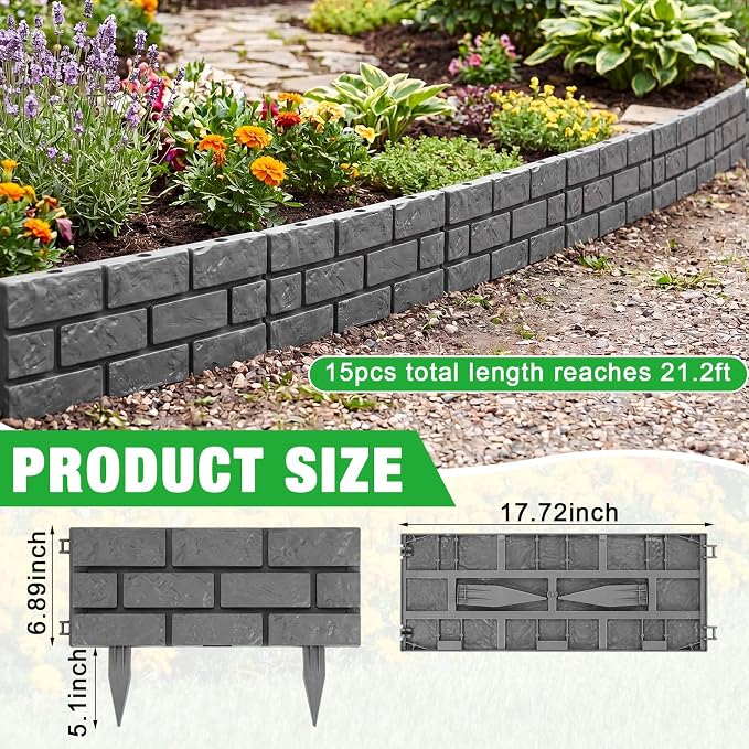 15 Pcs Garden Edging Border, 26ft Faux Stone Edging for Landscaping Lawn | No-dig Plastic Garden Fence, Stone Look Barrier with Built-in Stakes for Flower Beds, Yard, Paths, Patio and Tree Rings Decor
