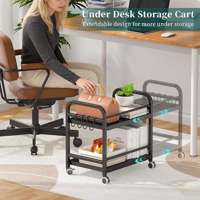 2-Tier Expandable Rolling Cart, Pantry Storage Cart with Wheels, Adjustable Rolling Pantry Floor Organizer, Metal Under Desk Cart, Can Storage & Snack Organizer for Kitchen Pantry, Black