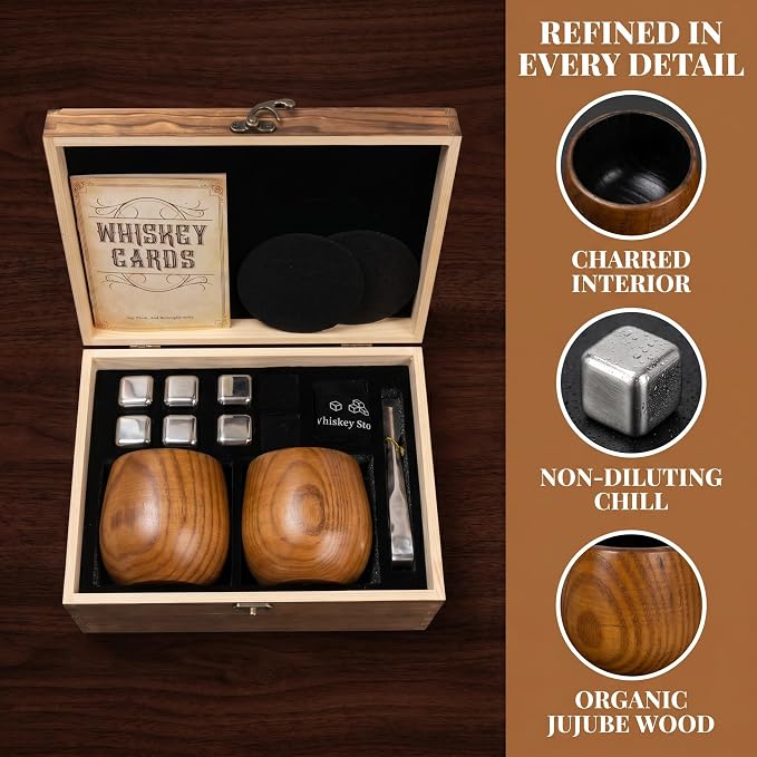 Wooden Whiskey Glass Set - Charred Bourbon Cup, Old Fashioned, Gift for Man | Pair 10oz with 6 Stainless Chilling Rocks, 2 Felt Coasters, Tong, Bag & Gift Box for Father's Day, Anniversaries, Retirement